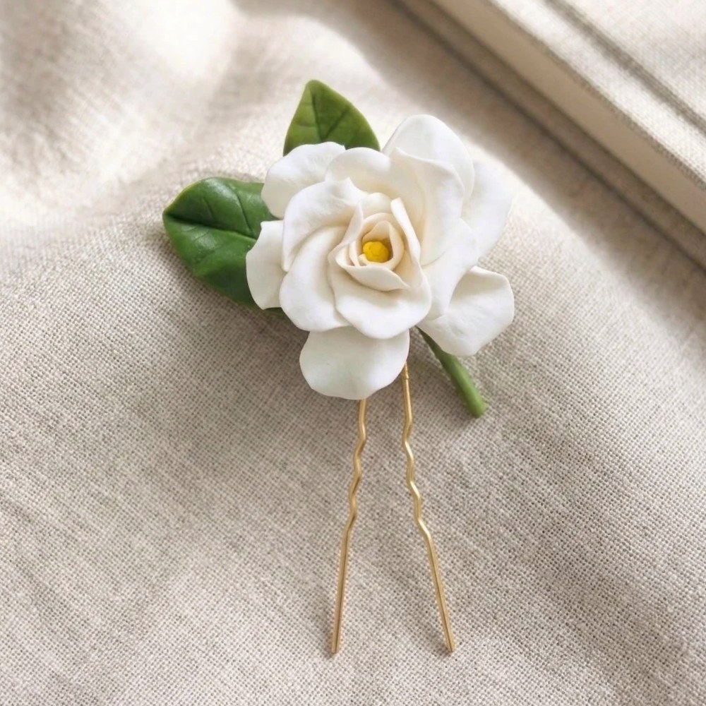 Ivory White cold porcelain gardenia U-shape hair pin with green leaves on a gold pin