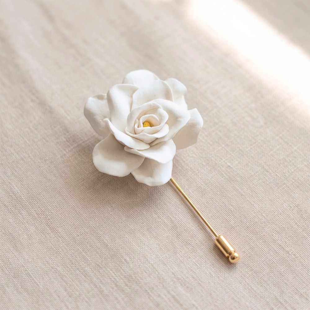 Ivory White cold porcelain gardenia lapel pin on a gold stick pin