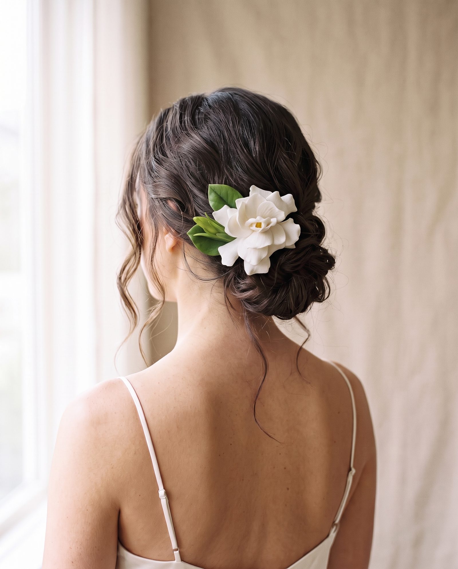Ivory White cold porcelain gardenia bridal hair comb with green leaves, worn in a bride's low chignon (real handmade flower, AI-generated setting)