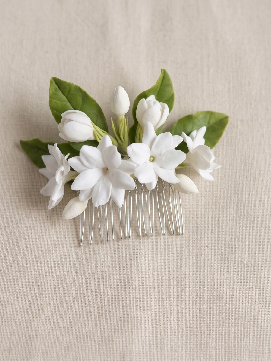 Ivory White cold porcelain jasmine bridal hair comb with blossoms, buds and leaves
